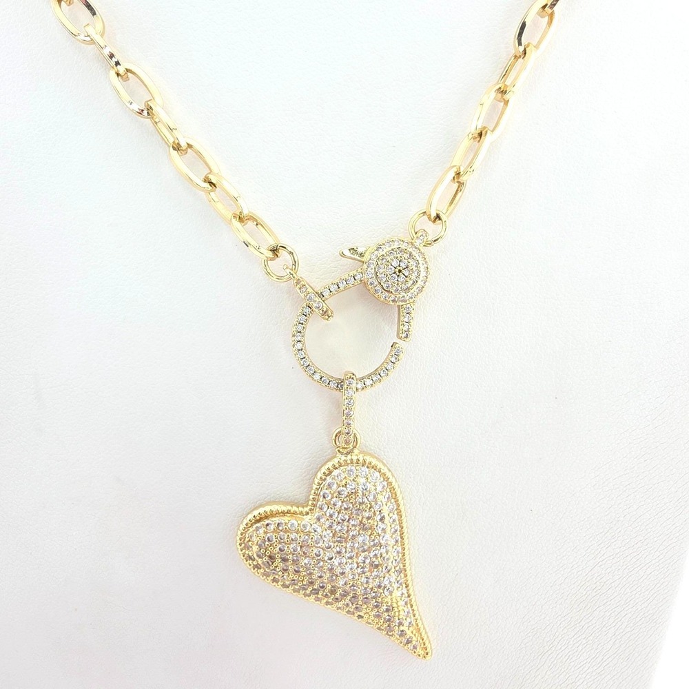 AMANDA THOMAS LUV Aj Heart Necklace Pavé Crystals Paperclip Chain Gold Plate 19"